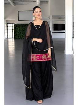 MYSHKA - Black Silk Blend Sleeveless Kurti Palazzo with Dupatta
