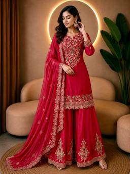 Rudra Luxe - Tissue Red Kurta With Sharara And Dupatta