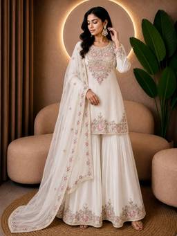 Rudra Luxe - Ivory Tissue Kurta With Sharara And Dupatta