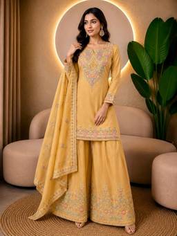 Rudra Luxe - Embroidered Chinon Silk Mustard Kurta With Sharara And Dupatta