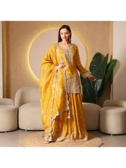 Rudra Luxe - Embroidered Chinon Silk Mustard Kurta With Sharara And Dupatta