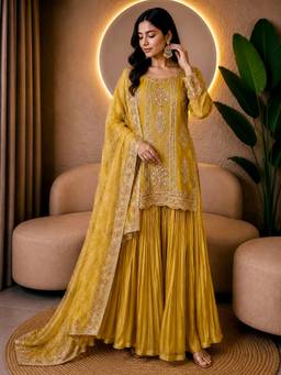 Rudra Luxe - Embroidered Chinon Silk Yellow Kurta With Sharara And Dupatta