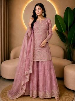 Rudra Luxe - Embroidered Georgette Purple Kurta With Sharara And Dupatta