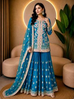 Rudra Luxe - Embroidered Georgette Teal Kurta With Sharara And Dupatta