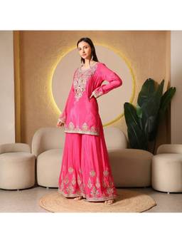 Rudra Luxe - Embroidered Georgette Magenta Kurta With Sharara
