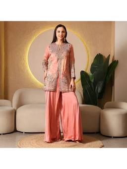 Rudra Luxe - Embroidered Georgette Peach Kurta With Sharara