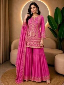 Rudra Luxe - Embroidered Georgette Pink Kurta With Sharara And Dupatta