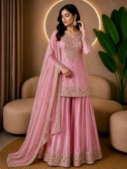Rudra Luxe - Embroidered Georgette Pink Kurta With Sharara And Dupatta