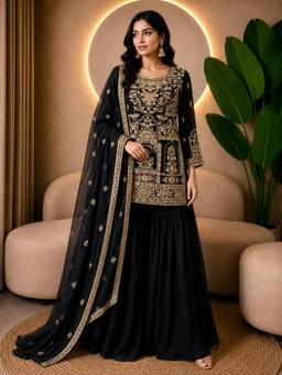 Rudra Luxe - Embroidered Georgette Black Kurta With Sharara And Dupatta