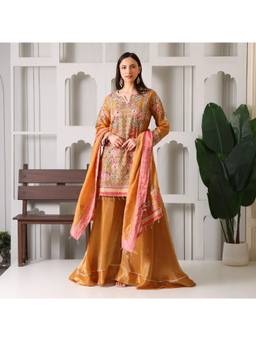 Rudra Luxe - Mustard Tissue Hand Embroidery Yellow Kurta With Sharara And Dupatta
