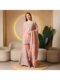 Rudra Luxe - Peach Tissue Kurta With Sharara And Dupatta