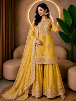 Rudra Luxe - Yellow Tissue Kurta With Sharara And Dupatta