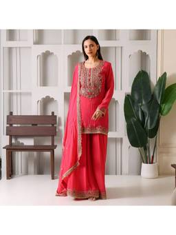 Rudra Luxe - Red Tissue Kurta With Sharara And Dupatta