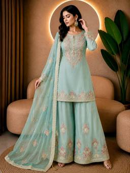 Rudra Luxe - Green Tissue Kurta With Sharara And Dupatta