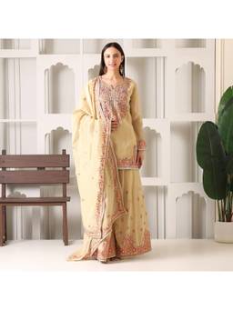 Rudra Luxe - Beige Tissue Kurta With Sharara And Dupatta
