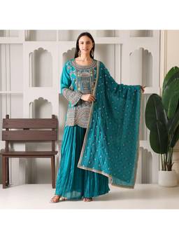 Rudra Luxe - Teal Tissue Kurta With Sharara And Dupatta