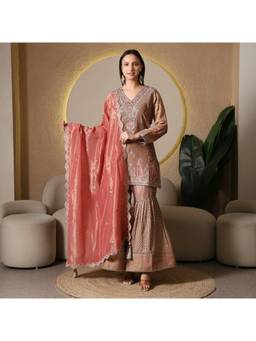 Rudra Luxe - Peach Tissue Kurta With Sharara And Dupatta