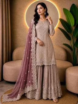 Rudra Luxe - Beige Embroidered Banarasi Tissue Kurta With Sharara And Dupatta