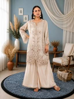 Rudra Luxe - Jiraf Silk Cream Kurta With Palazzo And Dupatta
