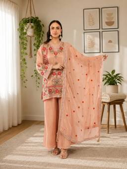 Rudra Luxe - Organza Tissue Peach Kurta With Palazzo And Dupatta