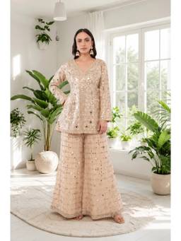 Rudra Luxe - Crush Tissue Beige Kurta With Palazzo And Dupatta