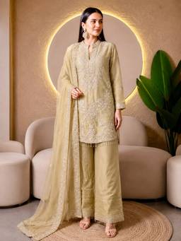 Rudra Luxe - Pure Tissue With Hand Detailing Gold Kurta With Palazzo And Dupatta
