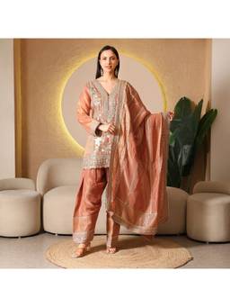Rudra Luxe - Embroidered Chinon Silk Peach Kurta With Salwar And Dupatta