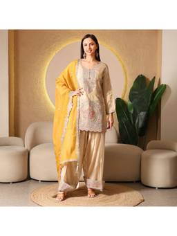 Rudra Luxe - Beige Embroidered Chinon Silk Kurta With Salwar And Dupatta