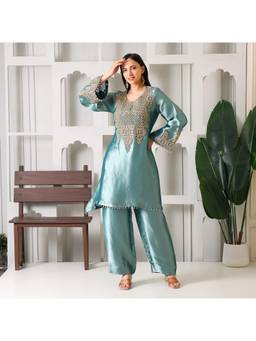 Rudra Luxe - Pure Banarasi Tisse Silk Teal Kurta With Pant