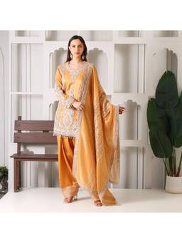 Rudra Luxe - Pure Tissue Mustard Kurta With Palazzo And Dupatta