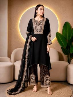 Rudra Luxe - Embroidered Straight Black Kurta With Palazzo And Dupatta