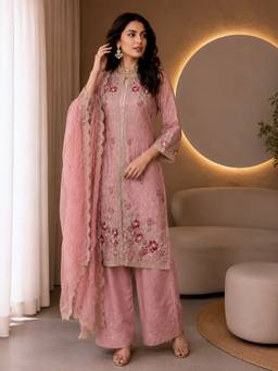 Rudra Luxe - Printed Cotton Linen Achkan Pink Kurta With Pant And Dupatta