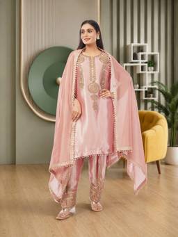 Rudra Luxe - Embroidered Chinon Silk Pink Kurta With Pant And Dupatta