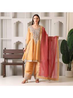 Rudra Luxe - Embroidered Chinon Silk Yellow Kurta With Pant And Dupatta
