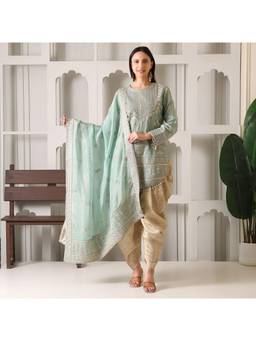 Rudra Luxe - Embroidered Chinon Silk Green Kurta With Dhoti And Dupatta