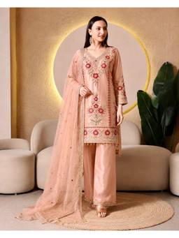 Rudra Luxe - Embroidered Georgette Peach Kurta With Palazzo And Dupatta