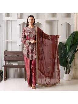 Rudra Luxe - Maroon Embroidered Kurta With Pant And Dupatta