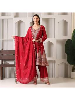 Rudra Luxe - Pure Tissue Red Kurta With Palazzo And Dupatta