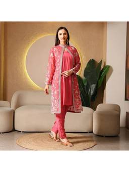 Rudra Luxe - Designer Pink Embroidered Jacket With Kurta And Pant