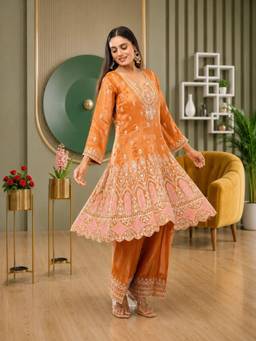 Rudra Luxe - Embroidered Georgette Orange Kurta With Palazzo And Dupatta