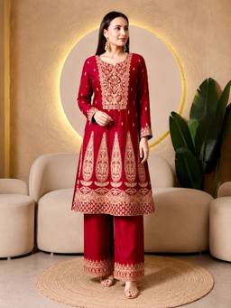 Rudra Luxe - Embroidered Georgette Red Kurta With Pant