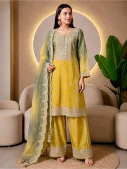 Rudra Luxe - Pure Tissue Yellow Kurta With Pant And Dupatta
