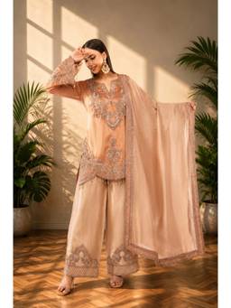 Rudra Luxe - Jiraf Silk Beige Kurta With Pant And Dupatta