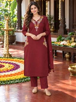 BERRYLICIOUS - Women Maroon Embroidered Mirror Work Straight Kurta With Pant And Dupatta