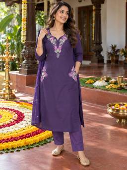 BERRYLICIOUS - Women Purple Embroidered Mirror Work Straight Kurta With Pant And Dupatta