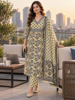 BERRYLICIOUS - Women Cream Floral Print Sequense Work Kurta With Pant And Dupatta