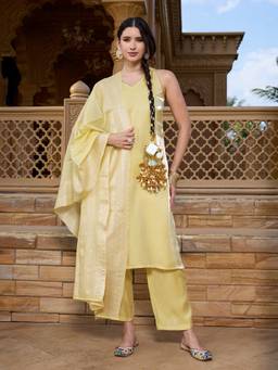 Qissa - Yellow Silk Straight Kurta and Palazzo with Dupatta