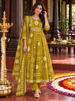 BERRYLICIOUS - Mustard Printed Anarkali Kurta with Palazzo and Dupatta