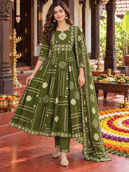 BERRYLICIOUS - Olive Printed Anarkali Kurta with Palazzo and Dupatta
