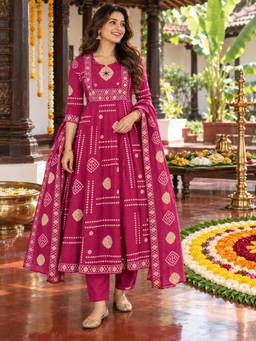 BERRYLICIOUS - Rani Pink Printed Anarkali Kurta with Palazzo and Dupatta